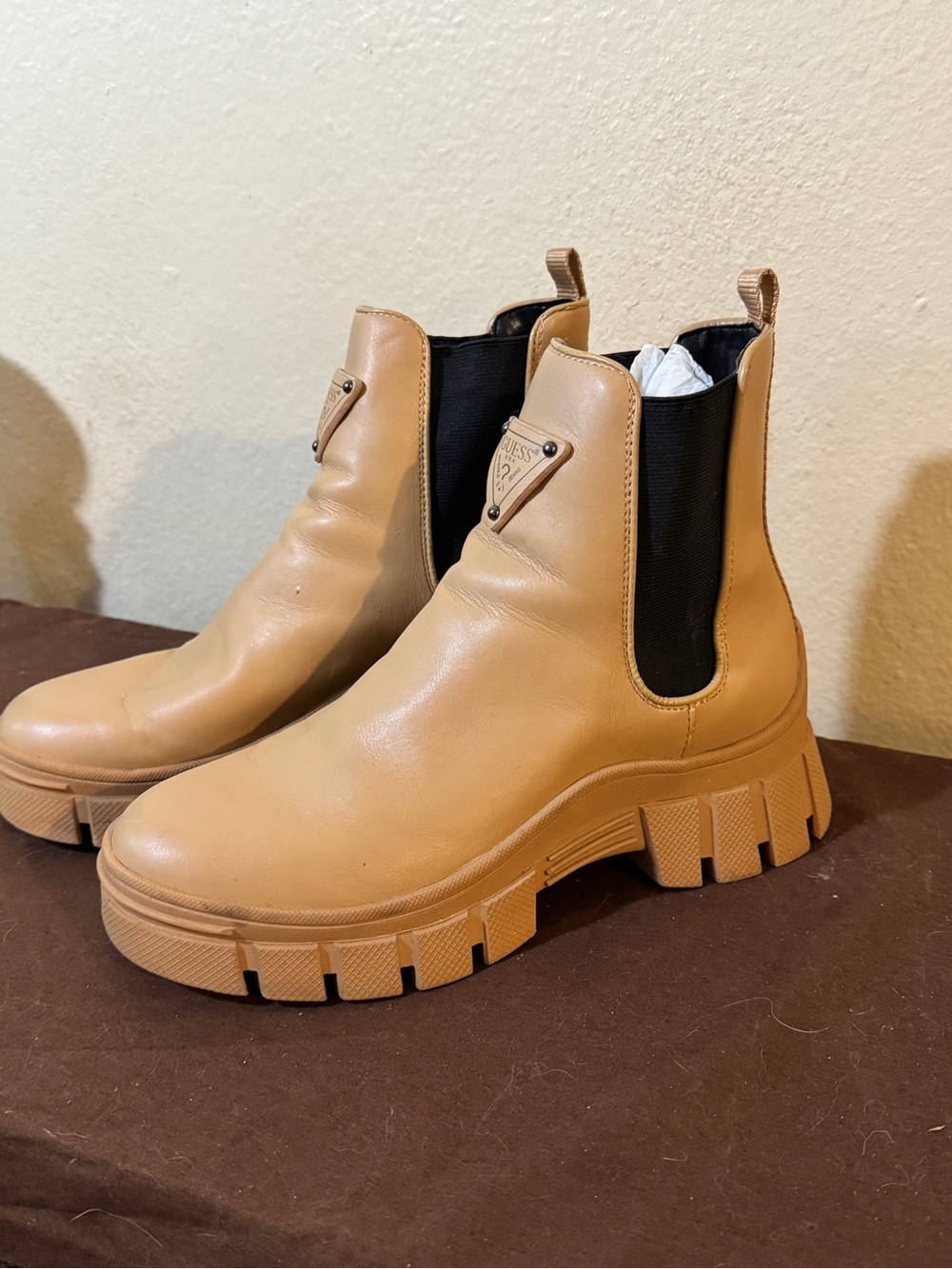 Guess Tan Platform Chelsea Booties with Lug Sole